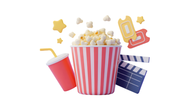 Movie Night Essentials: Popcorn, Drinks, Tickets, and Clapperboard
