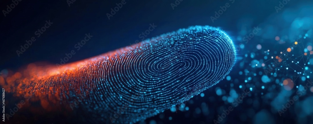 Poster a vibrant, digital representation of a fingerprint, showcasing intricate patterns and glowing dots a