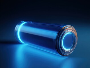 Futuristic glowing blue cylindrical device with illuminated rings on a dark reflective