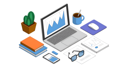 Isometric Workspace with Laptop, Books, and Coffee