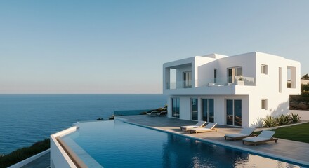 Fototapeta premium Modern white villa with infinity pool overlooking the ocean at sunset
