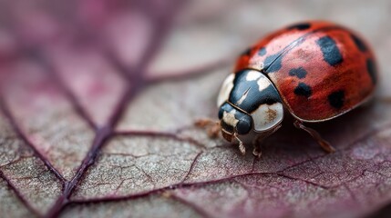 Close-Up of a Red Ladybug on Intricate Purple Leaf Texture