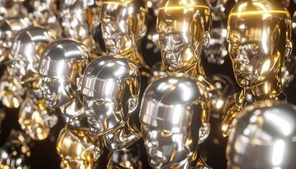 A dense cluster of metallic heads, gold and silver, reflecting light