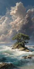 Dramatic seascape with a lone tree on a small island, stormy clouds above