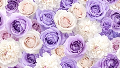 A dense, vibrant array of pale purple and white roses and chrysanthemums