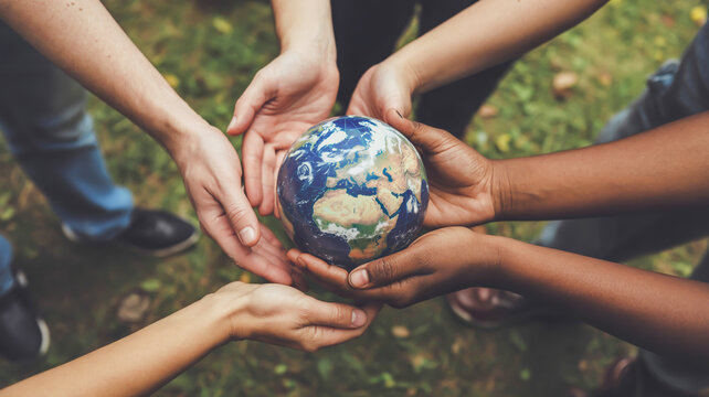 Diverse hands holding the planet earth together globe
