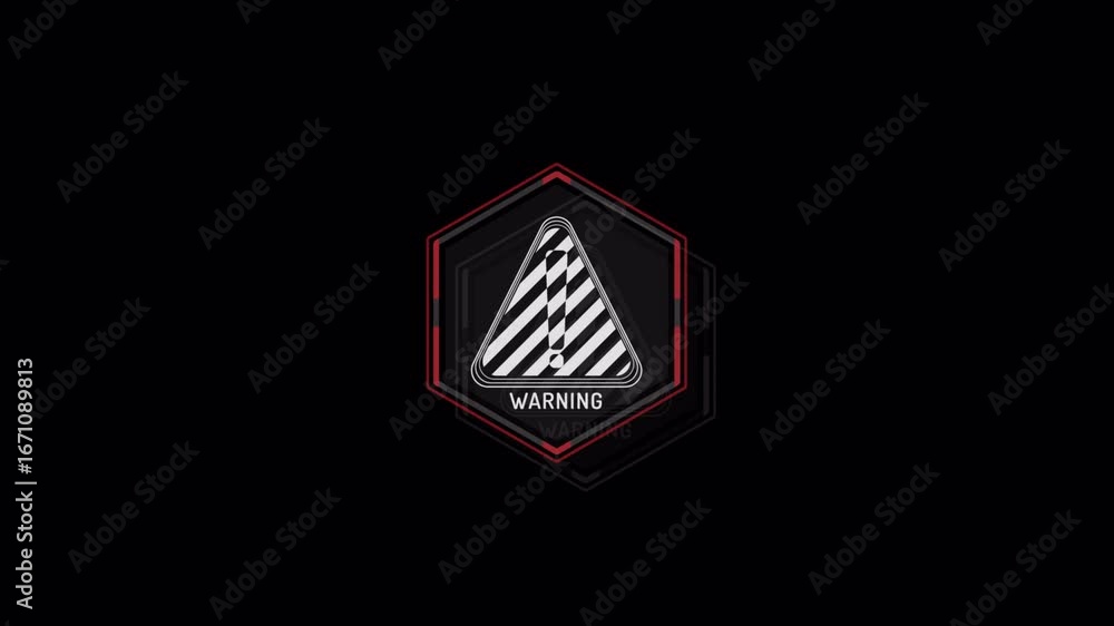 Poster futuristic warning sign animation with hexagon frame and red accents on black background