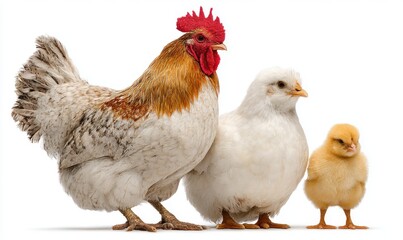 Three poultry birds in a row against white