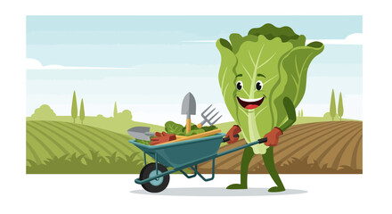 Happy Cabbage Man Delivers Farm Goods In A Wheelbarrow Across Cultivated Terrain