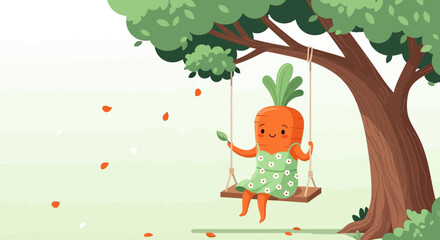 Obraz premium Happy Carrot Character On Swing, Amidst Nature, Enjoying A Sunny Day, Cute Illustration