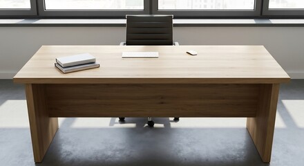 Office desk with computer accessories and books facing a window