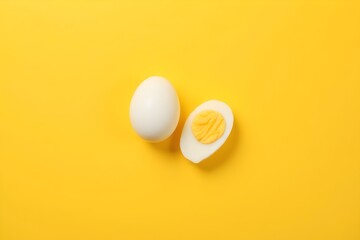 Single whole white egg and halved boiled egg with yolk on a yellow background. Top view. 3d rendering.