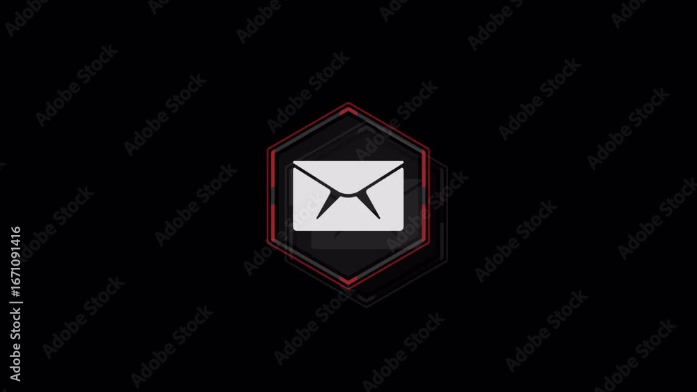 Aufkleber high-tech mail and message icon animation in a glowing red hexagon