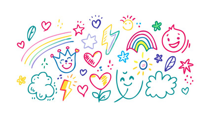 Fun rainbow doodles and happy faces heart star
