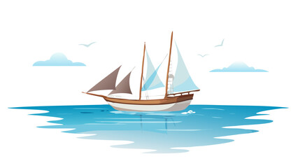 Graceful sailboat on blue water with clouds and birds