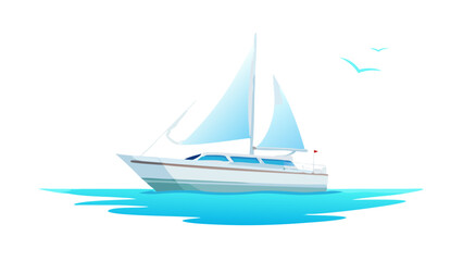 Graceful sailboat sailing on blue water with birds