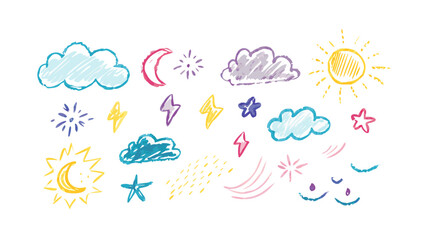 Obraz premium Hand drawn crayon weather elements moon clouds
