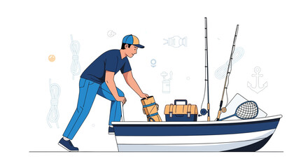 Fototapeta premium Fisherman Prepares His Boat To Go Fishing, Flat Illustration, Ready for Adventure