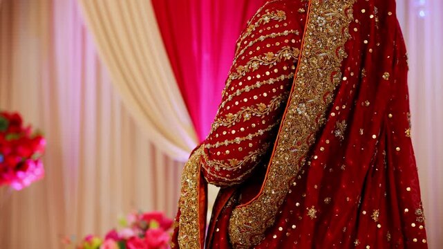 Red color wedding dress on the traditional Asian wedding , Slow movement camera shote.
