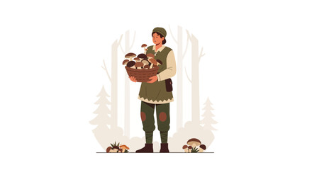 Forager Carrying Basket Fulfilling Task Of Gathering Mushrooms In The Forest