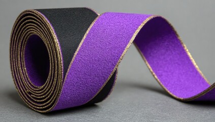 Rolled up ribbon with black and purple sections and gold trim.