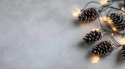 Gray stone surface, pine cones, warm lights
