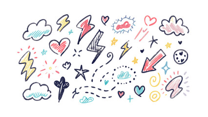 Hand drawn doodles hearts lightning clouds stars vector