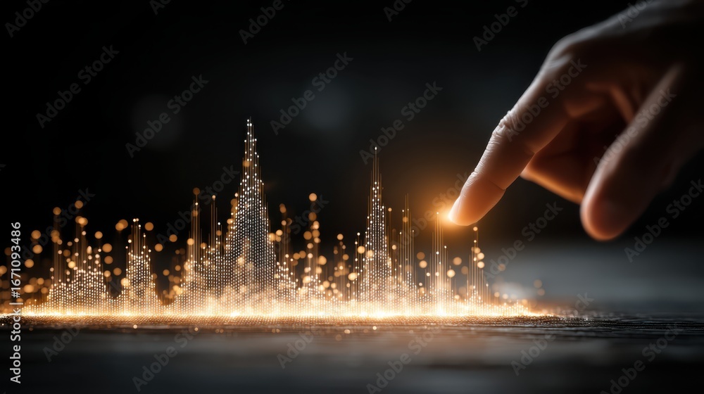 Poster a hand interacts with a glowing, digital landscape of data points, symbolizing technology and connec
