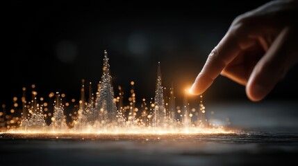 A hand interacts with a glowing, digital landscape of data points, symbolizing technology and connectivity in a futuristic setting.