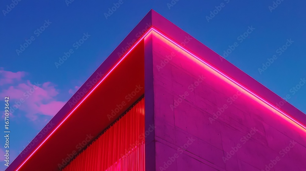Poster the striking architecture of a pink building is enhanced by colorful neon illumination.