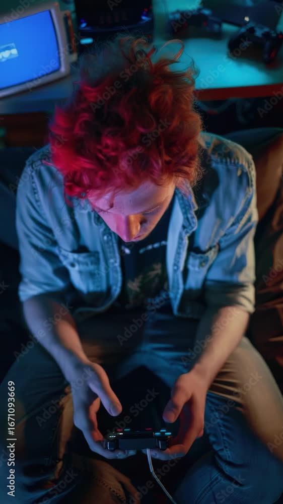 Poster a man is playing a video game. he is holding a controller in his hand. the controller is black and s