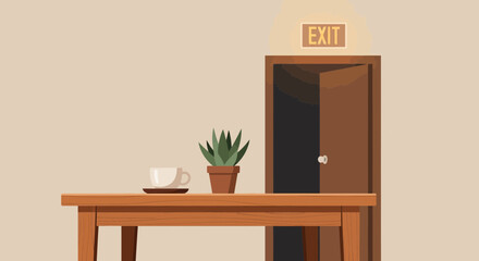 Interior Illustration Featuring Exit Sign, Door, Coffee Cup, Potted Plant, and Wooden Table