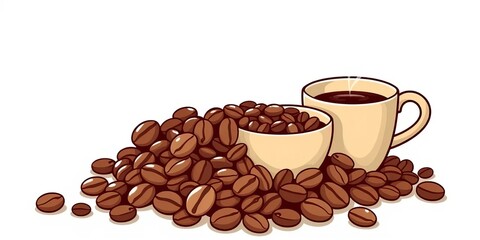 Obraz premium Hand-drawn vector coffee beans & cups, modern flat design, cute cafe motif, trendy, drink