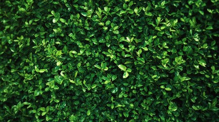 Obraz premium A lush green hedge filled with small leaves, creating a vibrant, dense texture that adds a natural element to the environment.