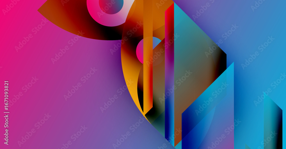 Poster abstract composition. vivid colors blend, creating dynamic shapes. geometric forms overlap, suggesti