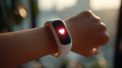 A smartwatch displays a glowing heart symbol on a person's wrist, indicating heart rate monitoring in a warm, indoor setting.