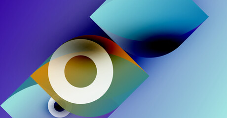 Abstract composition featuring circular, geometric shapes. Colors blendpurple, blue, white, browncreating dynamic visual effect. Modern design.