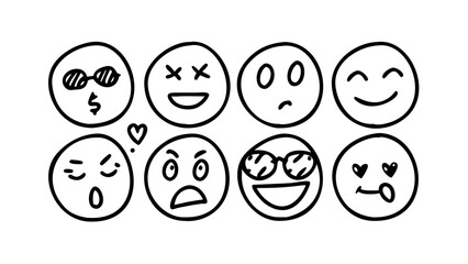 Hand drawn smiley faces with various expressions happy