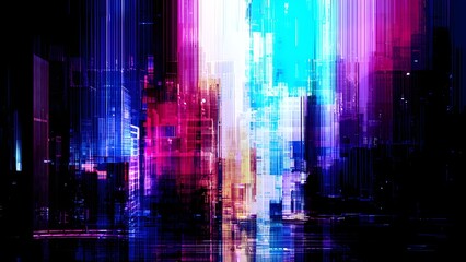 Obraz premium Vibrant Cyberpunk Cityscape with Neon Glitch and Data Corruption Effect. Abstract background for sci-fi, gaming, and futuristic themes.