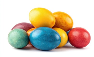 Colorful Easter eggs piled on white