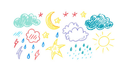 Hand drawn weather elements crayon style moon stars