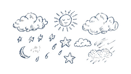 Hand drawn weather icons clouds rain