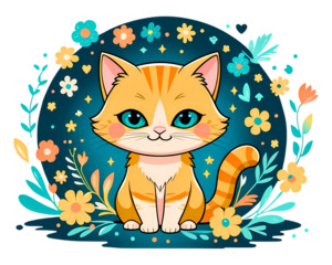 Adorable cartoon-style orange tabby cat sitting surrounded by colorful flowers and stars in a whimsical floral background.