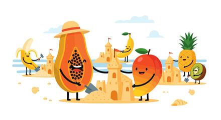 Naklejka premium Joyful Fruits Building Sandcastles Together on a Sunny Beach Destination Illustration