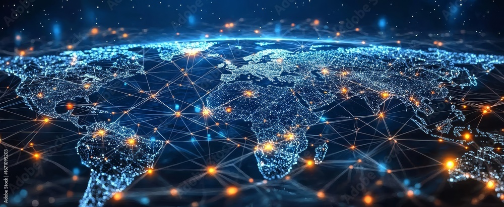 Poster glowing lines represent the interconnections of data nodes worldwide.