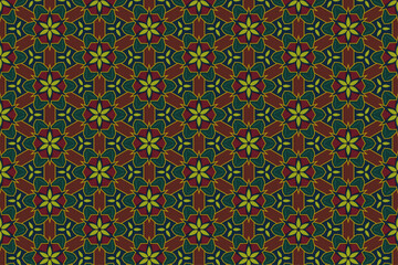 Geometric Floral Tiles in Deep Red and Olive