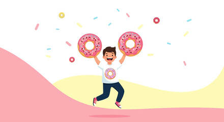 Joyful Kid Celebrating With Two Delicious Donuts, Enjoying Sweet Treats and Happiness