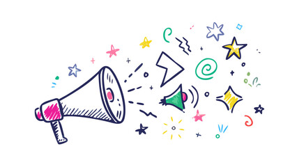 Megaphone announcement with colorful stars and shapes