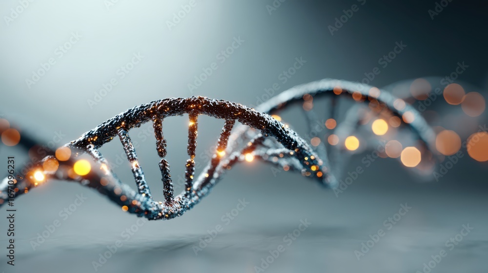 Poster a close-up view of a dna double helix, featuring intricate details and a shimmering backdrop, symbol