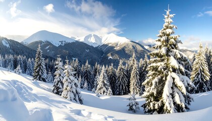 Winter Wonderland Snow-Covered Trees and Mountain Peaks